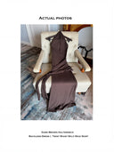 Dark Brown Halterneck Backless Knit Maxi Dress | Tencel-Wool Blend Bodycon Dress with Slit