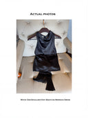 Black Acetate Satin Halterneck Top | Backless Fringe Tie Detail Sleeveless Blouse