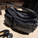 Full-Grain Leather Oversized Biker Bag | Multi-Pocket Large-Capacity Crossbody Tote