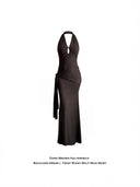 Dark Brown Halterneck Backless Knit Maxi Dress | Tencel-Wool Blend Bodycon Dress with Slit