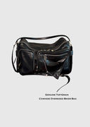 Full-Grain Leather Oversized Biker Bag | Multi-Pocket Large-Capacity Crossbody Tote