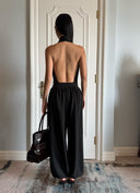 Black Halterneck Romper Top + Tapered Wide-Leg Pants Two-Piece Set
