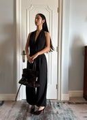 Black Halterneck Romper Top + Tapered Wide-Leg Pants Two-Piece Set