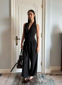 Black Halterneck Romper Top + Tapered Wide-Leg Pants Two-Piece Set