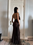 Dark Brown Halterneck Backless Knit Maxi Dress | Tencel-Wool Blend Bodycon Dress with Slit
