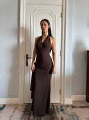 Dark Brown Halterneck Backless Knit Maxi Dress | Tencel-Wool Blend Bodycon Dress with Slit
