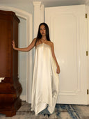 Off-White Rayon Halterneck Backless Asymmetric Drape Longline Top