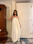 Off-White Rayon Halterneck Backless Asymmetric Drape Longline Top