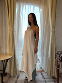 Off-White Rayon Halterneck Backless Asymmetric Drape Longline Top