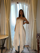 Off-White Rayon Halterneck Backless Asymmetric Drape Longline Top