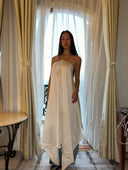 Off-White Rayon Halterneck Backless Asymmetric Drape Longline Top