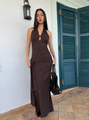Dark Brown Halterneck Backless Knit Maxi Dress | Tencel-Wool Blend Bodycon Dress with Slit