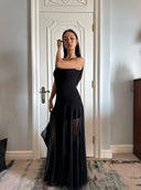 Black Knit Mini Skirt + Sheer Mesh A-Line Maxi Skirt Two-Piece Set | Tencel Blend Layered Dress