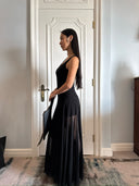 Black Knit Mini Skirt + Sheer Mesh A-Line Maxi Skirt Two-Piece Set | Tencel Blend Layered Dress