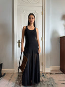 Black Knit Mini Skirt + Sheer Mesh A-Line Maxi Skirt Two-Piece Set | Tencel Blend Layered Dress