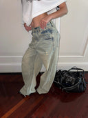 Distressed Light Blue Washed Wide-Leg Jeans Unisex