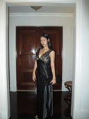 Black Lace Paneled Deep V-Neck Bodycon Gown | Contrast Satin Formal Evening Dress