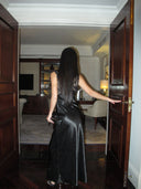 Black Lace Paneled Deep V-Neck Bodycon Gown | Contrast Satin Formal Evening Dress