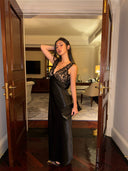 Black Lace Paneled Deep V-Neck Bodycon Gown | Contrast Satin Formal Evening Dress