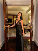 Black Lace Paneled Deep V-Neck Bodycon Gown | Contrast Satin Formal Evening Dress