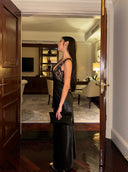 Black Lace Paneled Deep V-Neck Bodycon Gown | Contrast Satin Formal Evening Dress