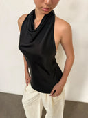 Black Acetate Satin Halterneck Top | Backless Fringe Tie Detail Sleeveless Blouse