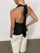 Black Acetate Satin Halterneck Top | Backless Fringe Tie Detail Sleeveless Blouse