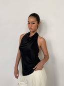 Black Acetate Satin Halterneck Top | Backless Fringe Tie Detail Sleeveless Blouse