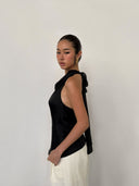 Black Acetate Satin Halterneck Top | Backless Fringe Tie Detail Sleeveless Blouse