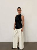 Black Acetate Satin Halterneck Top | Backless Fringe Tie Detail Sleeveless Blouse