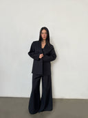 Minimalist V-neck Collarless Blazer Suit Oversized Wide-Leg Pants  Two-Piece Set in