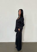 Minimalist V-neck Collarless Blazer Suit Oversized Wide-Leg Pants  Two-Piece Set in