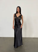 Black Lace Paneled Deep V-Neck Bodycon Gown | Contrast Satin Formal Evening Dress