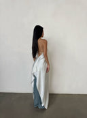 Off-White Rayon Halterneck Backless Asymmetric Drape Longline Top