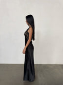 Black Lace Paneled Deep V-Neck Bodycon Gown | Contrast Satin Formal Evening Dress