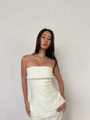 White Bandeau Top & Straight-Leg Pants Set | Minimalist High-End Suit Co-ord