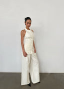Off-White Cotton-Linen Halterneck Backless Vest + Wide-Leg Pants Two-Piece Set
