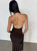 Dark Brown Halterneck Backless Knit Maxi Dress | Tencel-Wool Blend Bodycon Dress with Slit