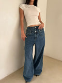 Vintage Blue Double Waistband Wide-Leg Jeans