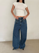 Vintage Blue Double Waistband Wide-Leg Jeans