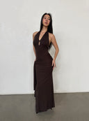 Dark Brown Halterneck Backless Knit Maxi Dress | Tencel-Wool Blend Bodycon Dress with Slit