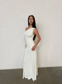 Off-White One-Shoulder Knit Bodycon Maxi Dress | Ruched Slim-Fit Mermaid Gown