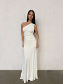 Off-White One-Shoulder Knit Bodycon Maxi Dress | Ruched Slim-Fit Mermaid Gown